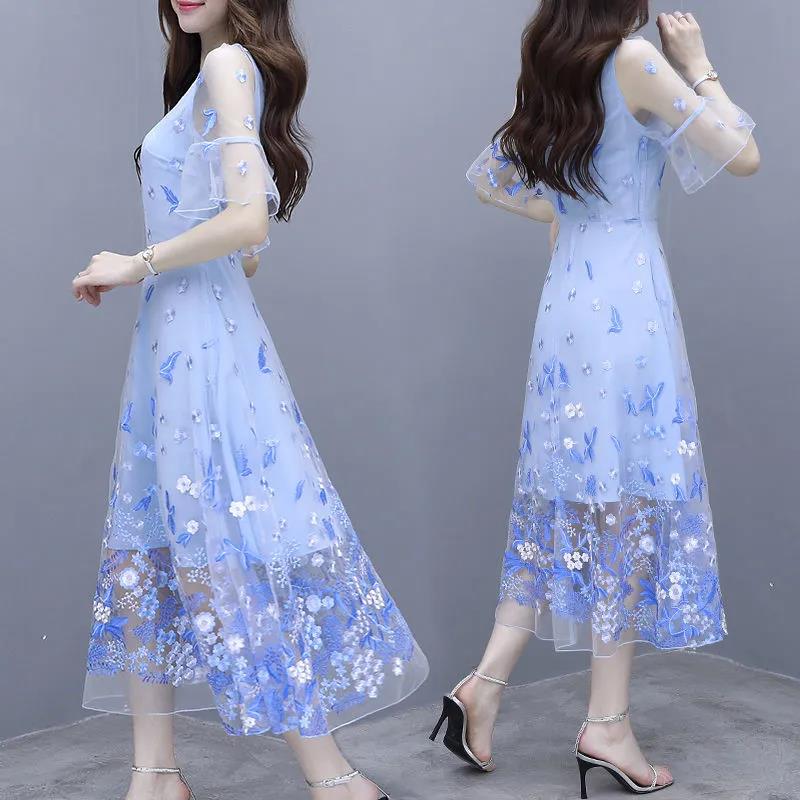 Waist-Cinching Slimming Long Mesh Embroidered Dress 2026 Summer New Fashion Elegant Women's Embroidered V-Neck Dress