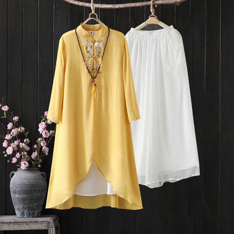 Chinese Style Retro Zen Tea Suit Two-Piece Set for Women, Mid-Length Button-Up Chiffon Embroidered Shirt and Wide-Leg Pants Set