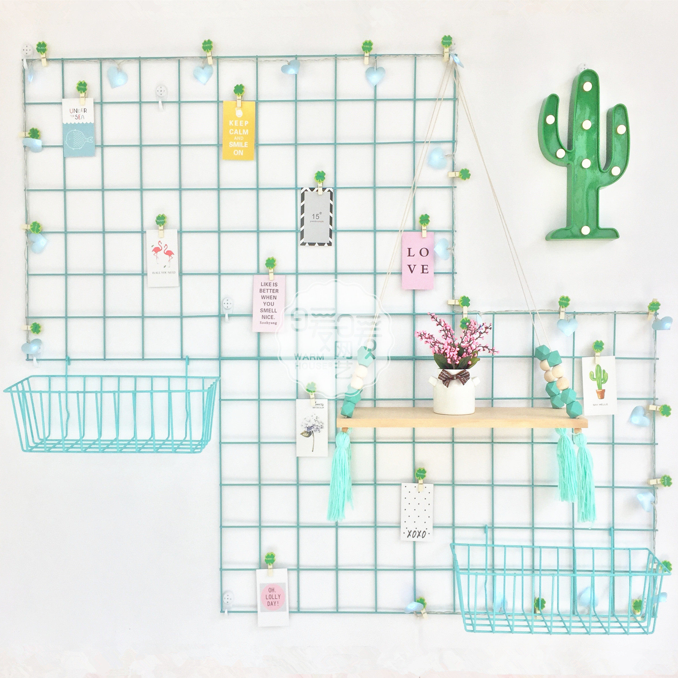 Blue grid photo wall girl wall ins dormitory rack photo wall hemp rope clip decoration net red iron net