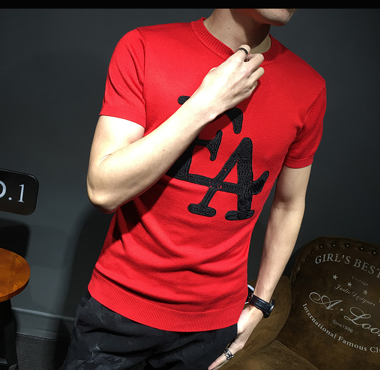 Mùa xuân và mùa hè ngắn tay áo len nam vòng cổ áo thun thư jacquard áo len nam mỏng nửa tay áo đáy xu hướng áo sơ mi áo thể thao