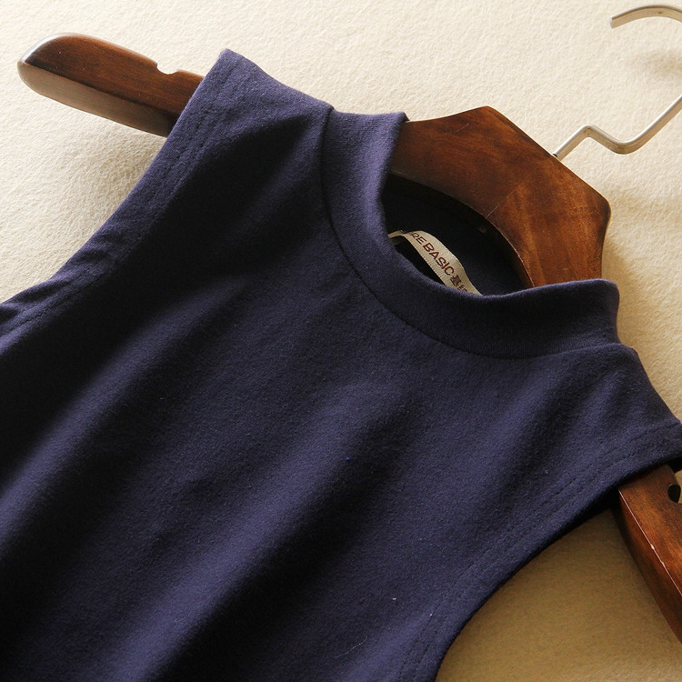 Mùa xuân 2016 mới chải cotton cổ tròn chạm đáy áo sling ấm cổ cao không tay vest ngắn nữ áo nữ