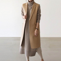 2021 autumn winter new suit collar with long version of Korean version of Mao Machia women cashmere canon shoulder sleeveless coat jacket