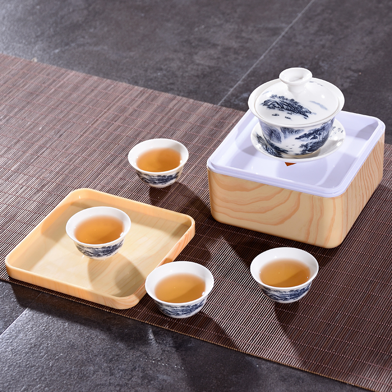 Mini pocket travel tea set travel portable car office compact blue and white ceramic kung fu tea set set