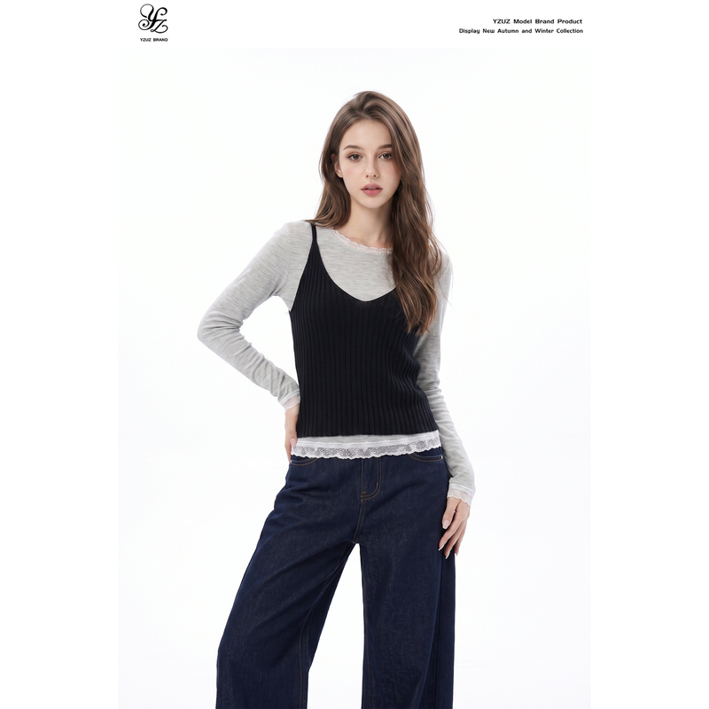 Yzuz Early Autumn Lazy and Relaxed Layered Two-Piece Set for Women: V-Neck Tie Waist Knitted Vest Thin Long Base Shirt Yzuz Early Autumn Lazy and Relaxed Layered Two-Piece Set for Women: V-Neck Tie Waist Knitted Vest Thin Long Base Shirt
