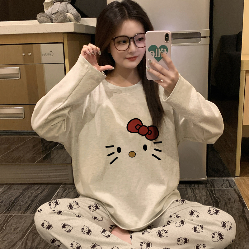 2026 New Pajamas for Women, Spring and Autum, Pure Cotton, Long-Sleeved, Round Neck, Cute Student Autum and Winter Thin Home Wear Set