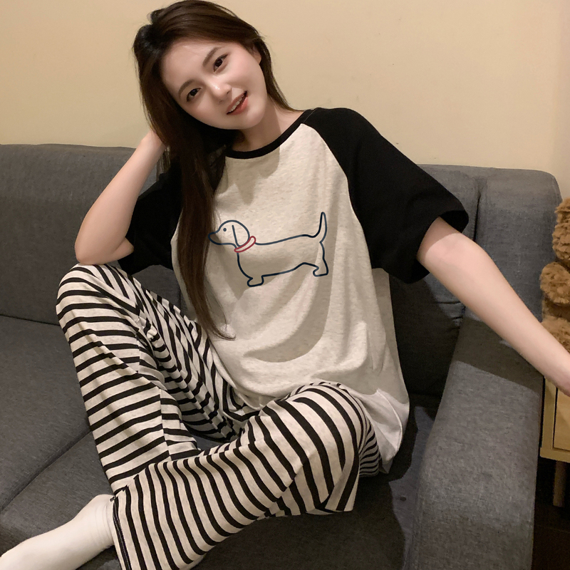 2026 New Women's Pajamas Summer Pure Cotton Thin Short-Sleeved Long Pants Striped Puppy Student Loungewear Set 2026 New Women's Pajamas Summer Pure Cotton Thin Short-Sleeved Long Pants Striped Puppy Student Loungewear Set