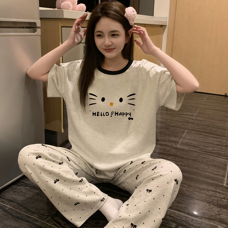 2026 New Women's Pajamas Summer Thin Cotton Short-Sleeved Long Pants Two-Piece Set Loungewear Cat