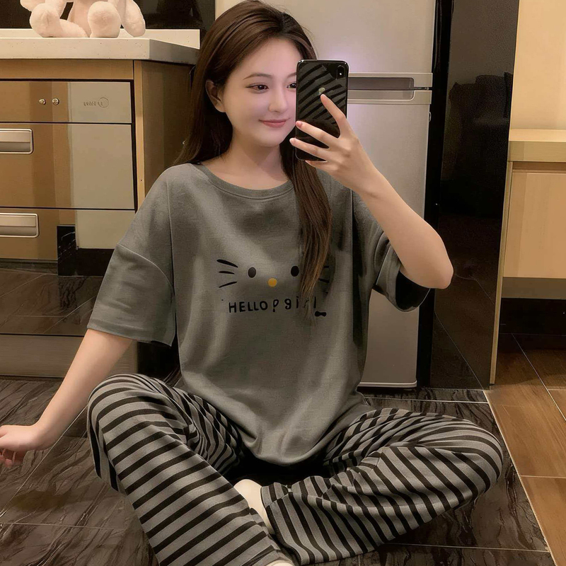 2026 New Women's Pajamas Summer Pure Cotton Thin Short-Sleeved Long Pants Striped Cat Student Set Loungewear