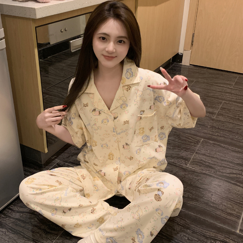 2026 New Women's Pajamas Summer Thin Pure Cotton Short-Sleeved Long Pants Student Cardigan Home Wear Set Puppy
