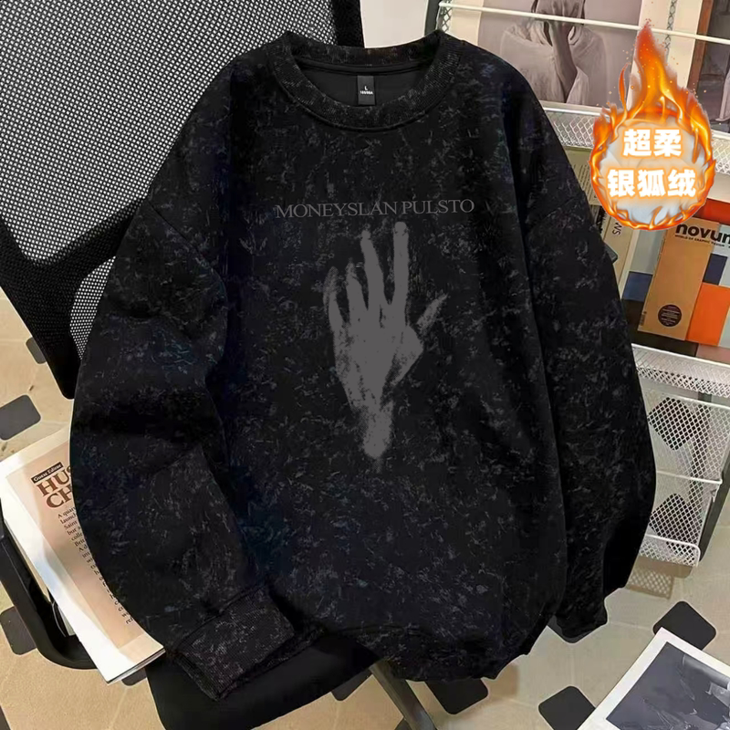 Heavyweight Pure Cotton Batik Fleece-Lined Thick Sweatshirt for Men, New Autumn and Winter Vintage American-Style Crew Neck Casual Top with a Distressed Look