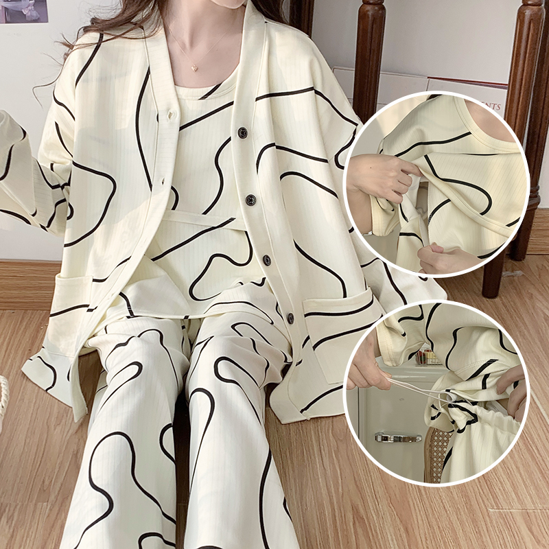 Three-Piece Postpartum Clothing Set, Spring and Autumn, Plus Size Pajamas, 150kg Modal Nursing Home Wear for Pregnant Women after Childbirth in October