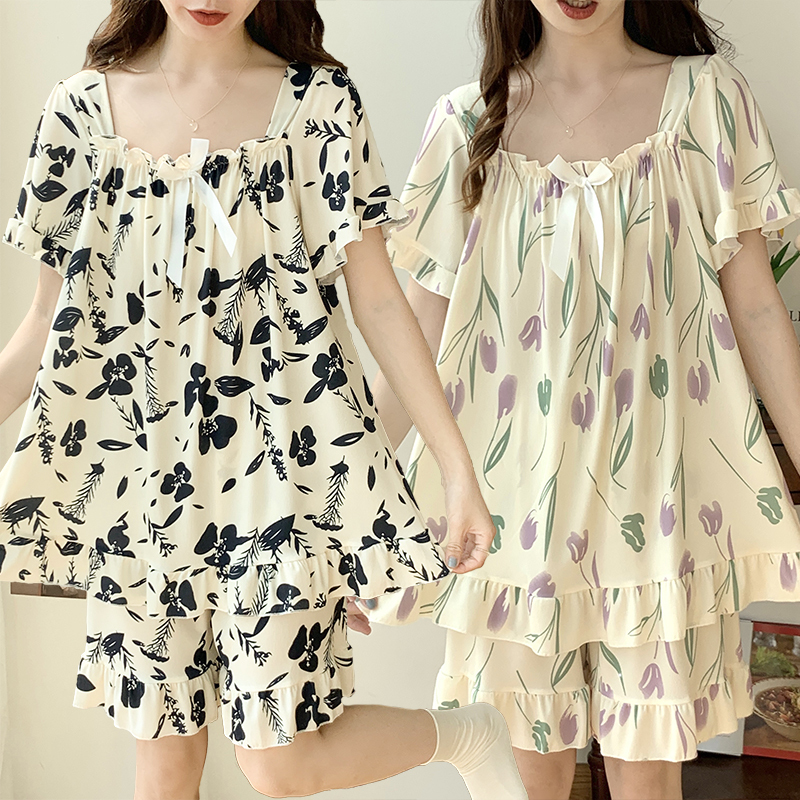 150kg Plus Size Ice Silk Short-Sleeved Pajamas for Women, Summer Loose-Fitting Home Wear Two-Piece Set That Can Be Worn Outside