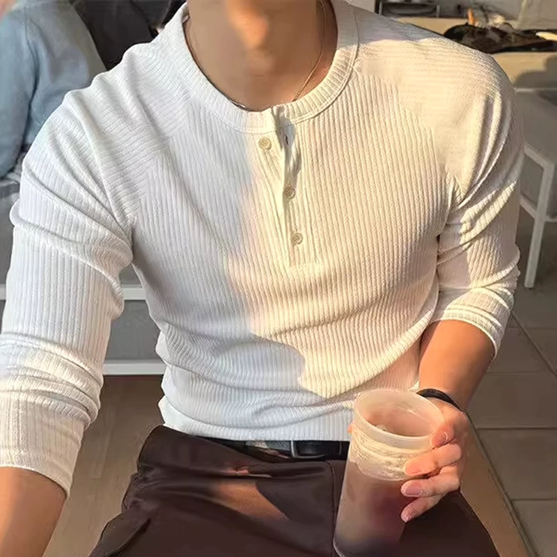 American-Style Waffle Knit Henry Shirt for Men, Textured Long-Sleeve T-Shirt with Half-Button Placket, Casual Workwear Collar, Trendy Base Layer Shirt
