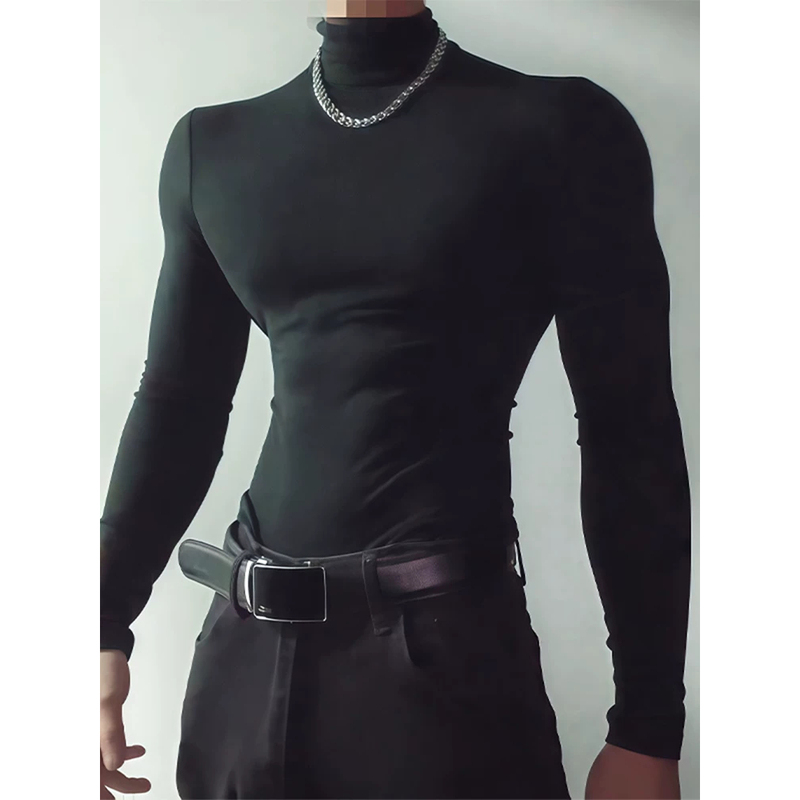 Men's Thin High-Neck T-Shirt, Slim Fit, Stretchy Long-Sleeve Base Layer, Skin-Friendly Modal Turtleneck Top