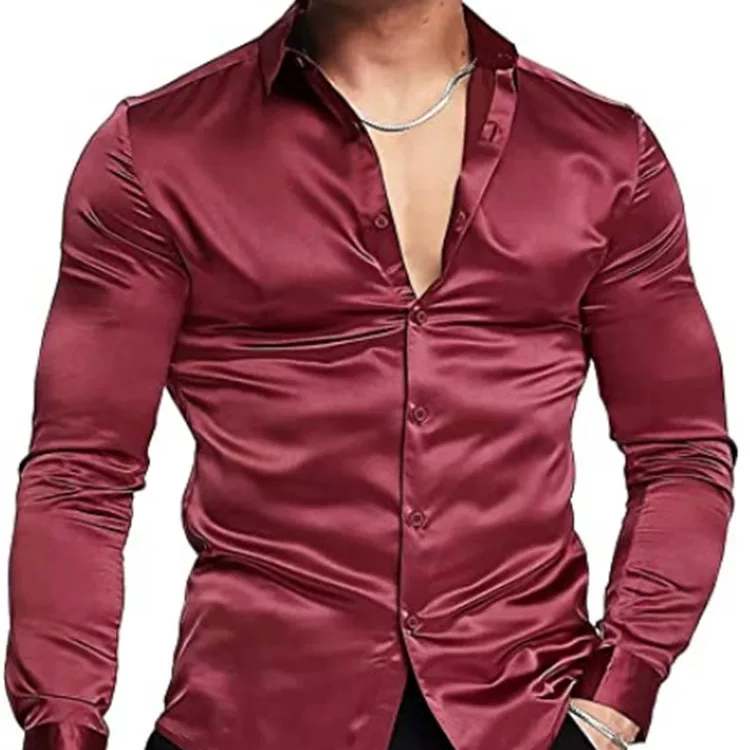 Cross-Border Trade 2026 New Amazon Men's Satin Nightclub Long-Sleeve Shirt, No-Iron Glossy Casual Work Shirt