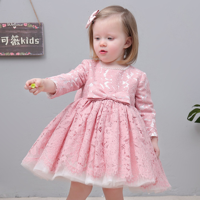 Handmade custom baby dress girls one-year-old pink lace long-sleeved thick autumn and winter catch week birthday costumes
