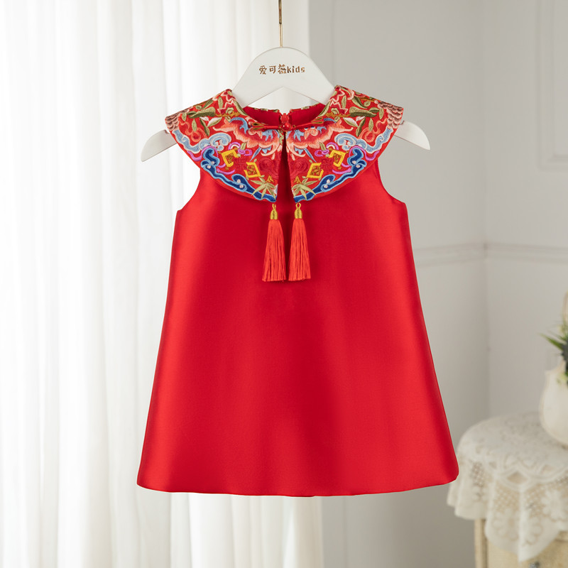 High-end custom-made female baby Chinese style grab weekly gown baby qipao red birthday dress New Year dress