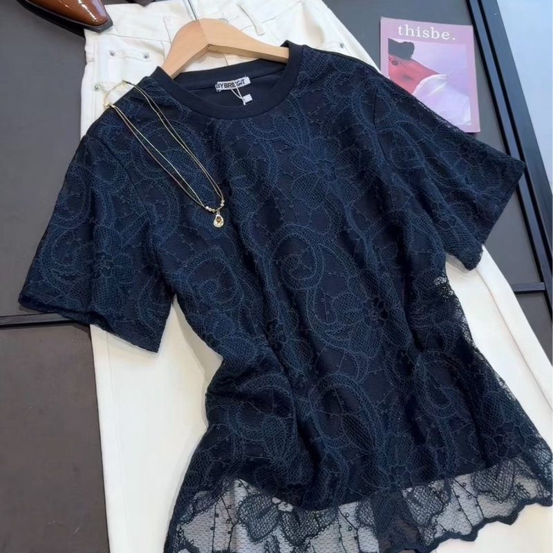 High-End Double-Layer Lace Shirt, Short-Sleeved, Loose-Fitting, Stylish Lace Hollow-Out Round-Neck T-Shirt Top for Women, Suitable for Spring and Summer