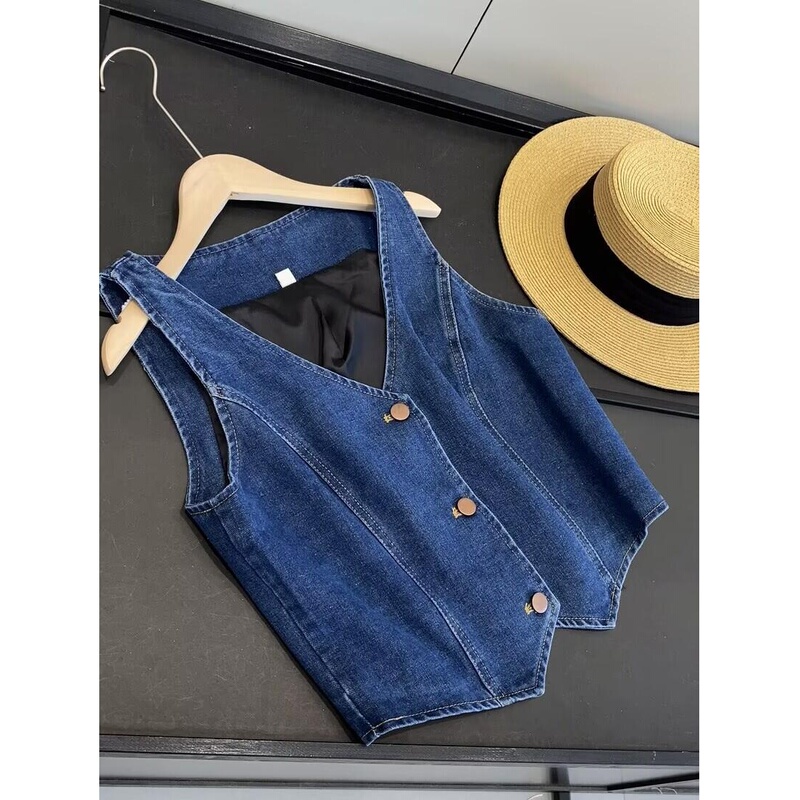 Dark Blue V-Neck Denim Vest for Women, New Summer 2026 Style, Slimming Sleeveless Outerwear