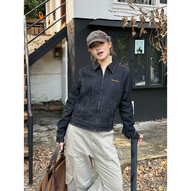Don Cry American Retro Washed Short Denim Jacket for Women, Loose Fit, Turn-Down Collar, Casual Top, Trendy