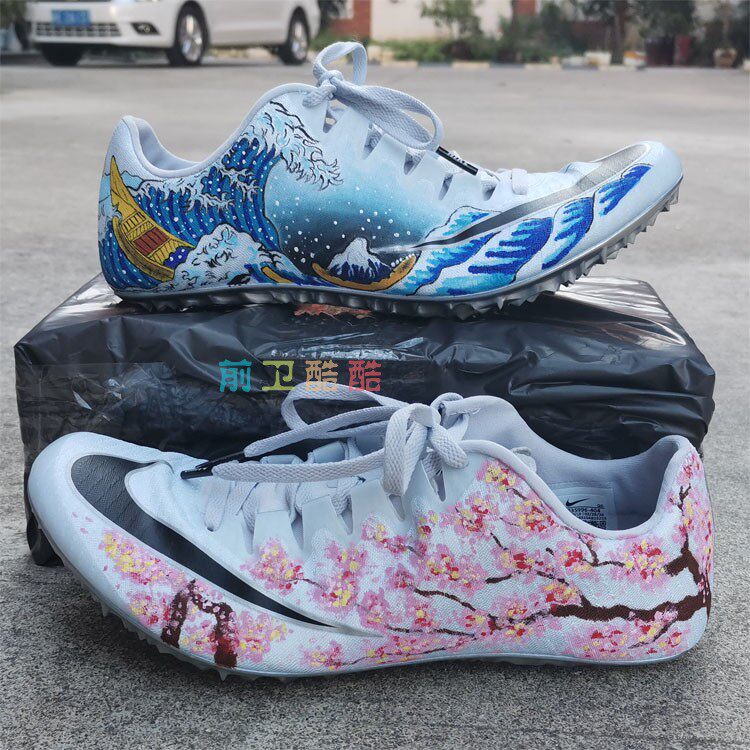 DIY custom basketball shoes hand-painted Ukiyo-e Kanagawa surf cherry blossom graffiti spikes painted sneakers