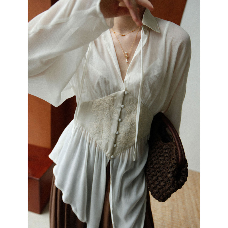 A'1St Edit Shop Vintage Embroidered Lace Waist-Cinching White Chiffon Blouse for Women with Tie and Slightly Sheer Top A'1St Edit Shop Vintage Embroidered Lace Waist-Cinching White Chiffon Blouse for Women with Tie and Slightly Sheer Top