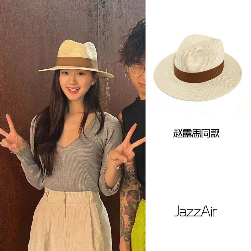 JazzAir Zhao Lusi 同じスタイルのパナマ麦わら帽子、海辺の休暇用サンハット、大きな頭囲の帽子