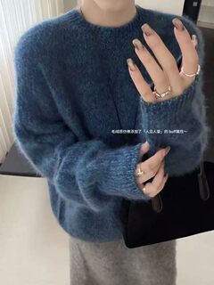 Love floral yarn blue ~ cashmere sweater round neck pullover sweater for women, brushed loose long sleeves, lazy and slim wool