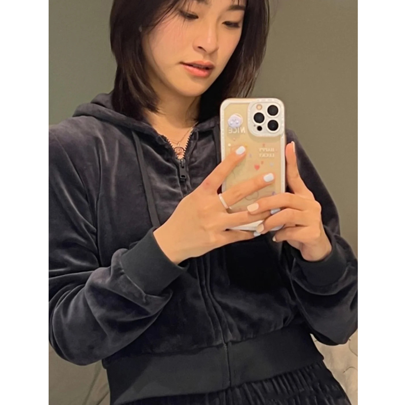 Bm Dark Blue Velvet Hooded Zip-Up Short Waist-Cinching Petite Velvet Cardigan Sweatshirt Jacket for Women Spring and Autumn Bm Dark Blue Velvet Hooded Zip-Up Short Waist-Cinching Petite Velvet Cardigan Sweatshirt Jacket for Women Spring and Autumn