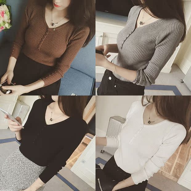 Mùa thu đông mới áo thun nữ cổ chữ V ngắn tay ngắn thon gọn áo len dệt kim chạm đáy áo len áo len cao cổ nữ hàn quốc