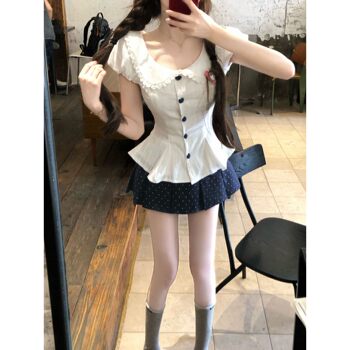 French sweet doll collar waist strap puff sleeve top women's spring and summer new polka dot skirt suit two-piece