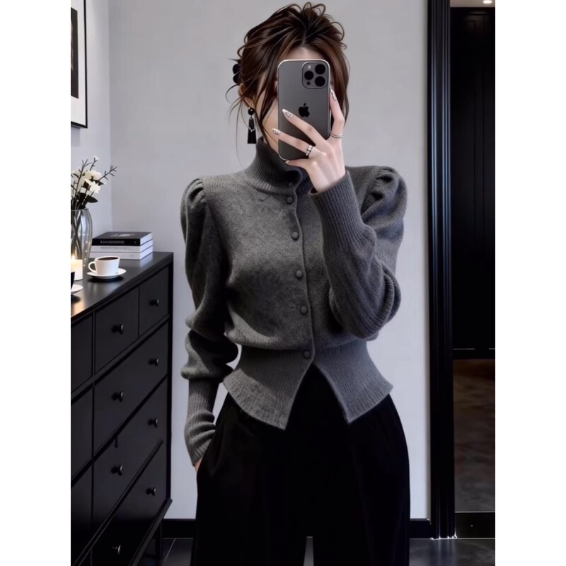 Gray Turtleneck Sweater, Knitted Warm Base Layer, Women's Autumn and Winter Design, Single-Breasted Slim-Fit Elegant Top