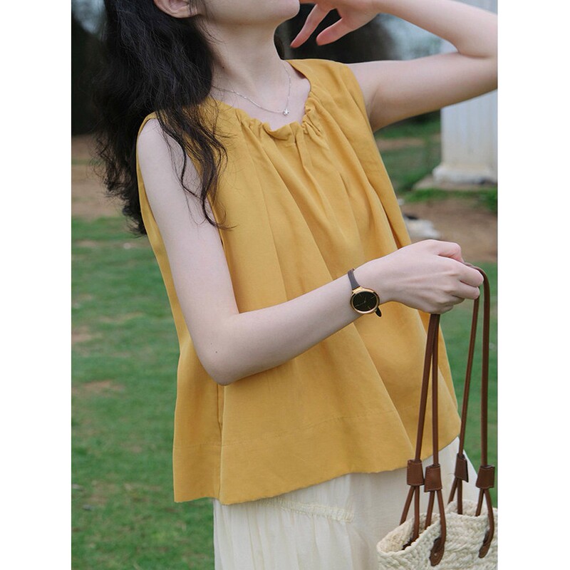 Mango Yellow Sleeveless Tank Top Blouse for Women, Summer Loose Versatile Slimming Babydoll Shirt, Stylish and Age-Reducing Top