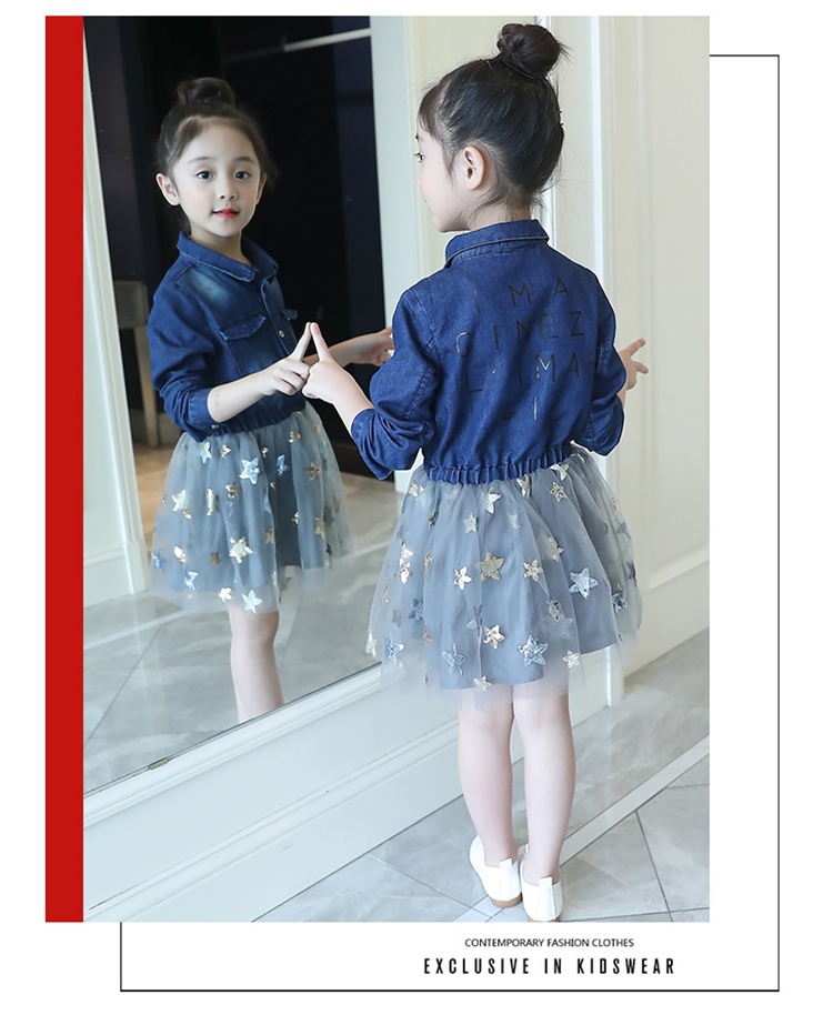 Váy bé gái mùa thu 2018 mới cho bé lớn mùa xuân và mẫu mùa thu váy denim váy khâu nước ngoài dam be gai