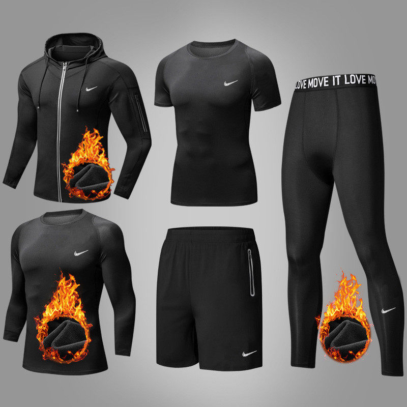 Fitness clothes morning running sports suit men's gym quick-drying training tights plus fleece thick autumn and winter
