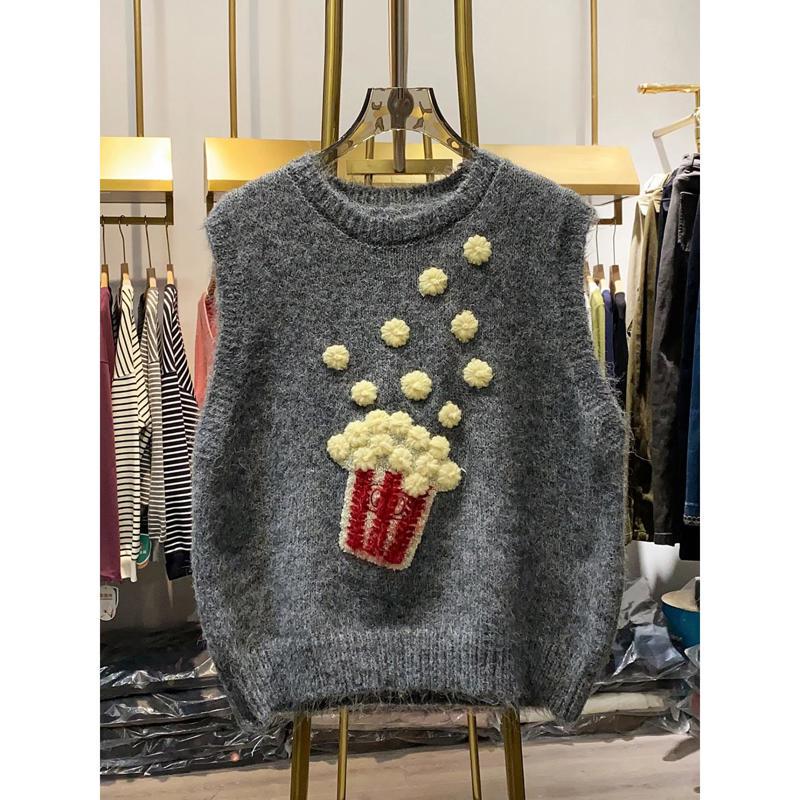 Popcorn Knit Vest for Women, Round Neck, Sleeveless, Plush Vest, Comfortable Top, Korean Retro Style, Soft and Sweet Vest