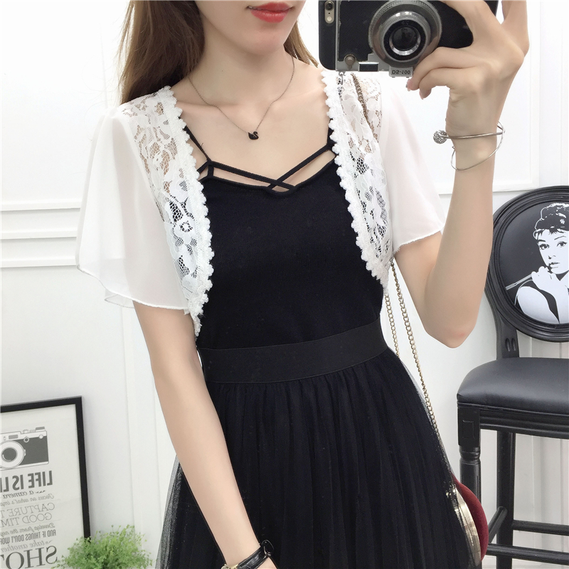 Khăn choàng nhỏ ren cardigan ngắn tay áo voan nữ áo khoác nhỏ mùa hè hoang dã đoạn ngắn bên ngoài áo vest nhỏ vai mỏng áo sơ mi trắng nữ