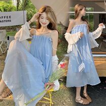 Pregnancy Maternity Dress Summer Suit Net Red Tandem Dress Fashion 2022 New Summer Harness Super Fairy long skirt Two sets