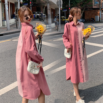 Pregnant woman Spring and autumn new Personality Collision Color Minimalist Shirt in Long Loose Big Code Korean Version Lactation Dress Fall
