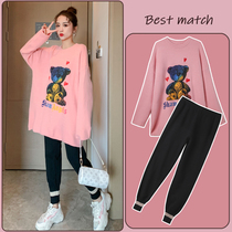 Pregnant woman autumn and winter suit small bear sweaters woman with loose belly and lazy wind knit blouse outside wearing two sets