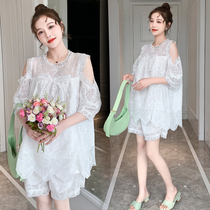 Pregnant woman summer clothing suit Heavy nail beads butterfly junction Shoulder Lace Hollowed-out jacket Toabdominal pants Two sets of damp