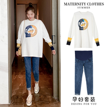 Pregnant Woman Spring Dress Suit Long Sleeve Sweatshirt T-shirt Loose Blouse Fashion Spring Autumn Tobellied Jeans Outside Wearing two sets
