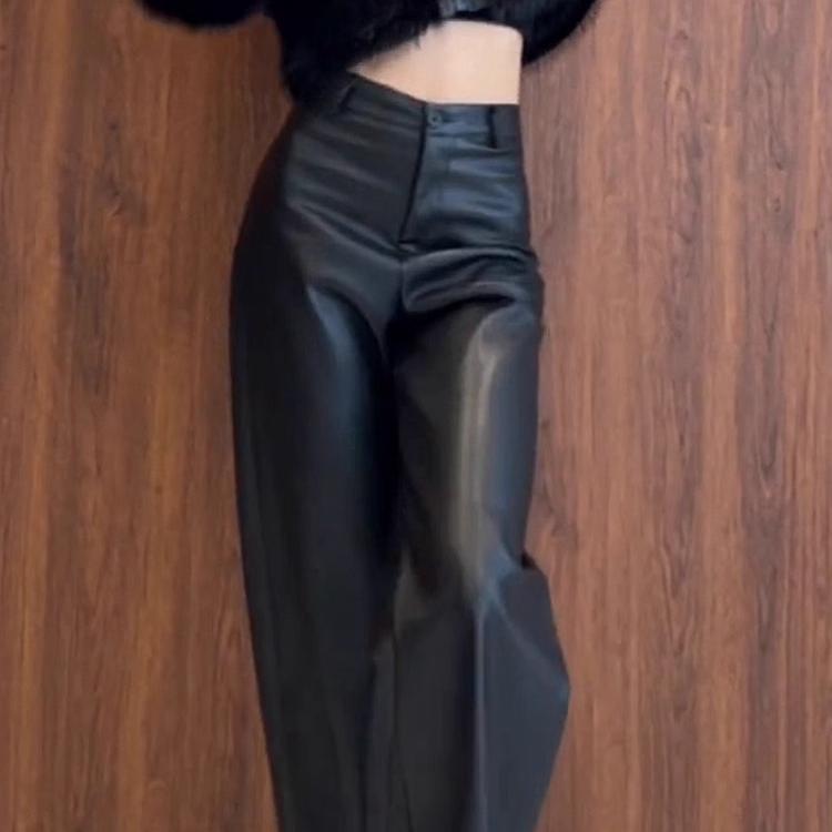 Protein Pu Leather Pants for Women 2026 Autumn and Winter New Style High-End Elegant Slimming Black High-Waisted Narrow Straight Wide-Leg Pants