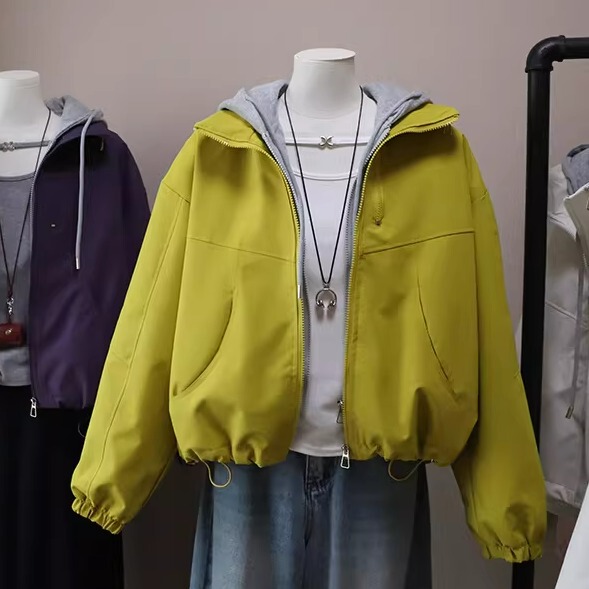 Fake Two-Piece Color-Block Double-Zip Hooded Jacket for Women, 2026 Early Spring New Style, Loose Casual Stylish Windbreaker