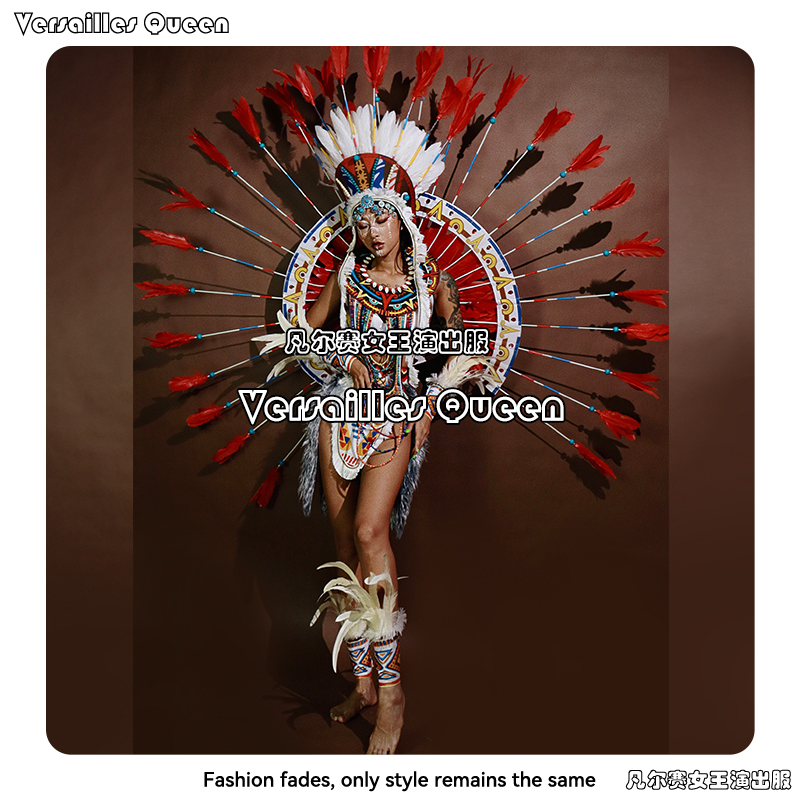 Versailles Queen Bar Nightclub Indian Ethnic Style High-End Feather Headdress Savage Gogo Performance Costume Ds