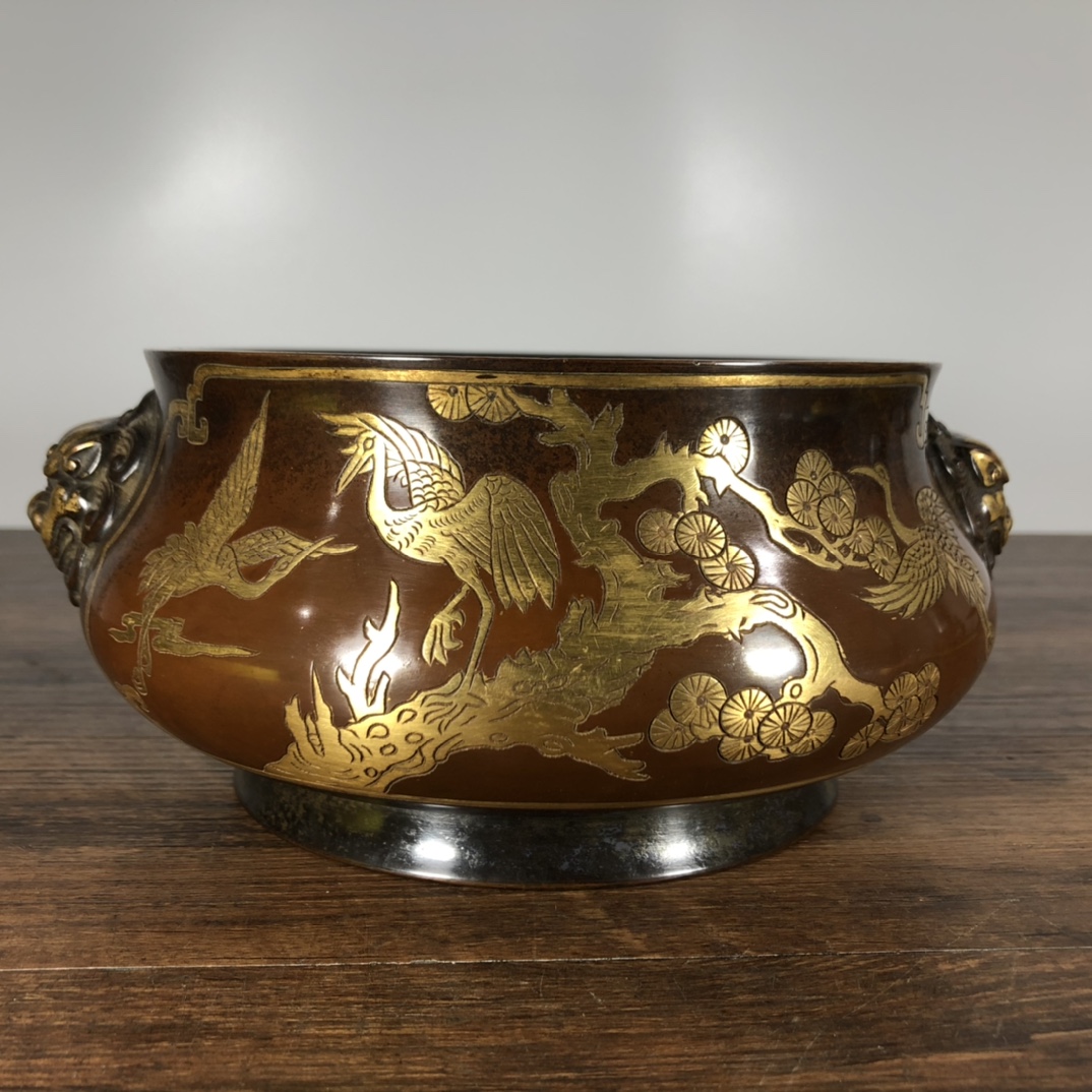 中国古美術・旧藏銅鎏金鎏金双龍台座付き香炉・線香炉・純