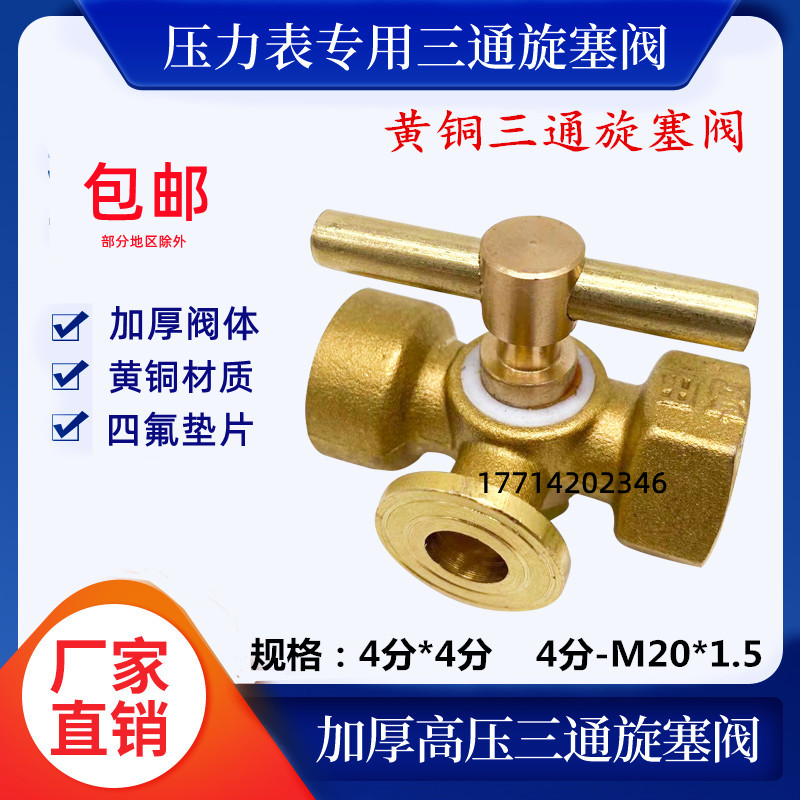 Full copper high-pressure thickened pressure meter three-way screw plug valve door boiler Bronze Cauker with exhaust hole 4 minutes M20x1 5