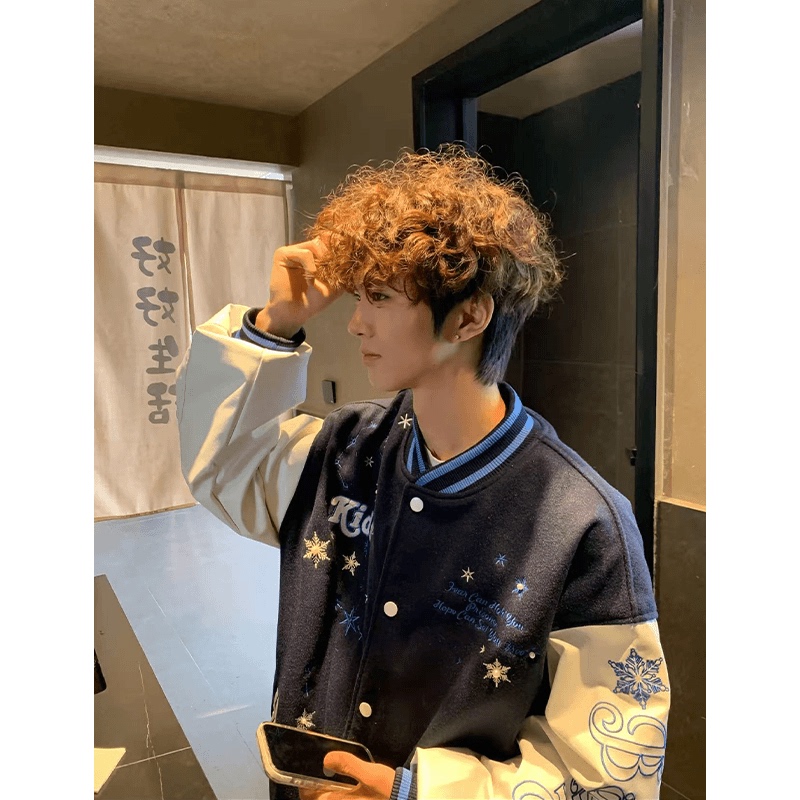 American Retro Snowflake Letter Embroidery Baseball Jacket for Men, New Spring and Autumn Style, National Trend, Versatile, Loose-Fitting Couple's Jacket