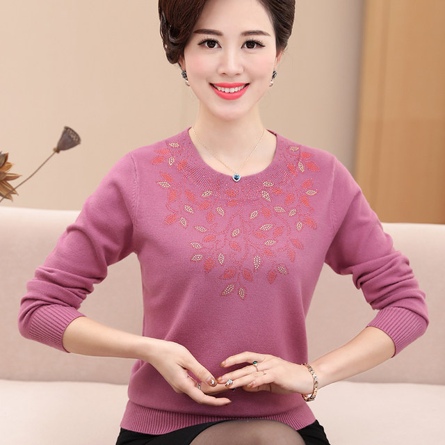 Small mother's spring long-sleeved bottoming shirt, middle-aged women's thin sweater, elderly spring, autumn and winter knitted sweater top