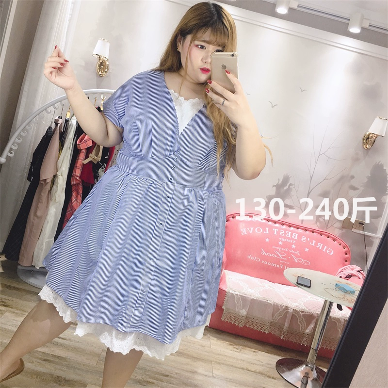 Fat Toot Fairy Yingying Kích thước lớn Nữ mùa hè Cô gái béo Hàn Quốc Sọc ngọt ngào Váy eo - váy đầm